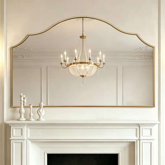 Besdomus Oversized Scalloped Gold Mirror: 54"x34" Modern Minimalist Wood Frame Wall Mirror - Decorative Fireplace Arched Mirrors for Bathroom/Entryway/Vanity/Living Room - Home Decor for Fashion Women