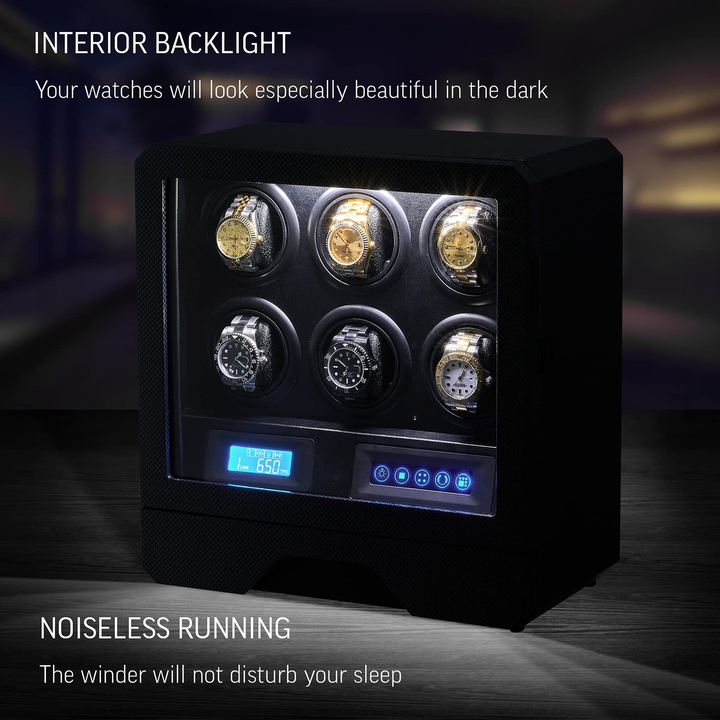 6 Watch Winder with LED Light, LCD Display and Storage Drawer (Carbon)