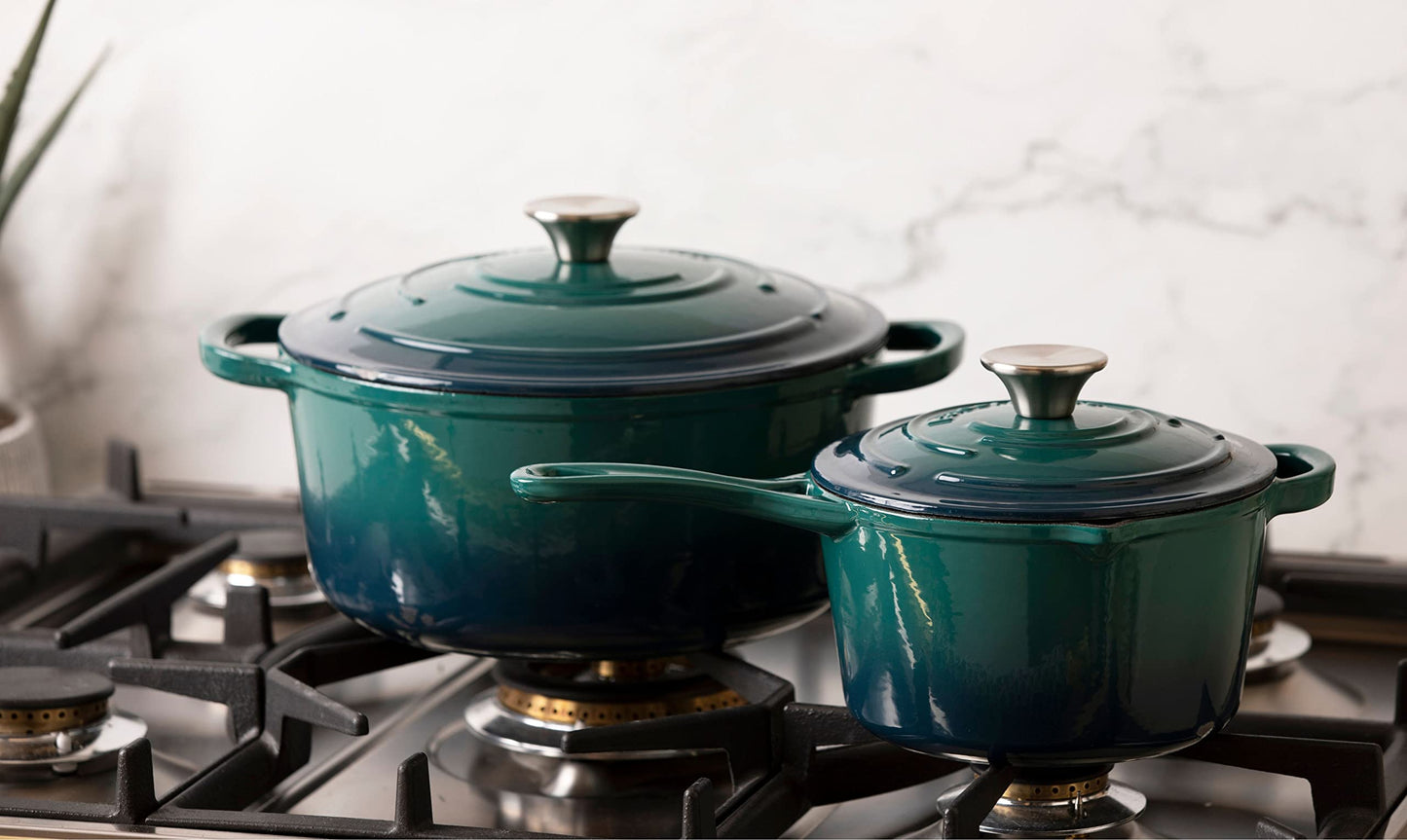 Larder & Vine 5-Piece Enameled Cast Iron Cookware Set - Includes 5.7 Quart Dutch Oven with Lid, 10.25 Inch Skillet, 2.2 Quart Saucepan with Lid (Bondi)
