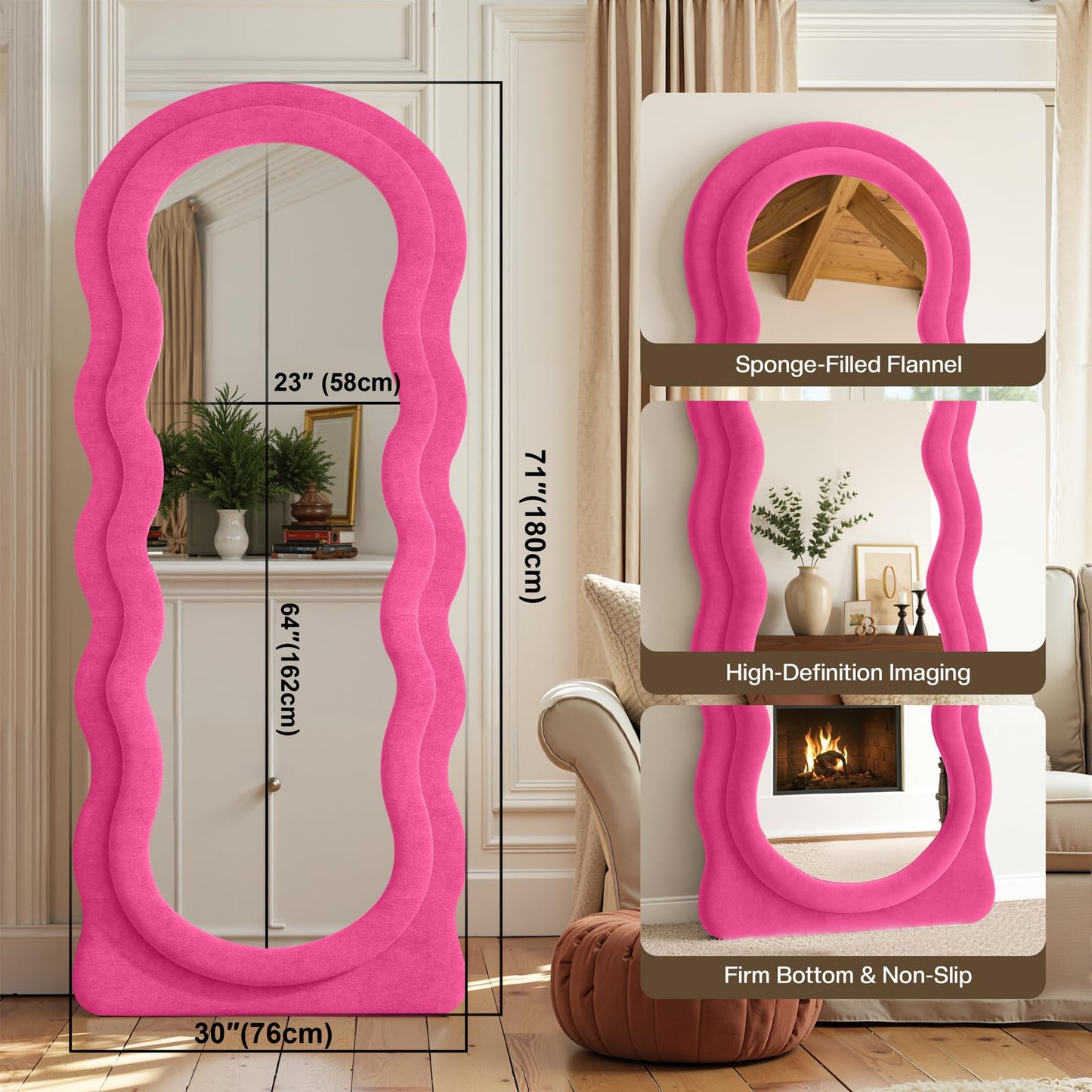 Anpark Full Length Mirror 71"x30" Irregular Wavy Full Body Wall Mounted Floor Mirror with Stand Hot Pink Flannel Frame Leaning Hanging Wall for Bedroom Entrance Hallway