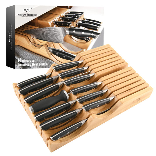 In-Drawer Knife Block with 12 Pieces Japanese Damascus Knives and Sharpener, Bamboo Knife Drawer Organizer with 67-Layer Damascus Steel, Slots for 13 Knives Kitchen Drawer, Counter Top