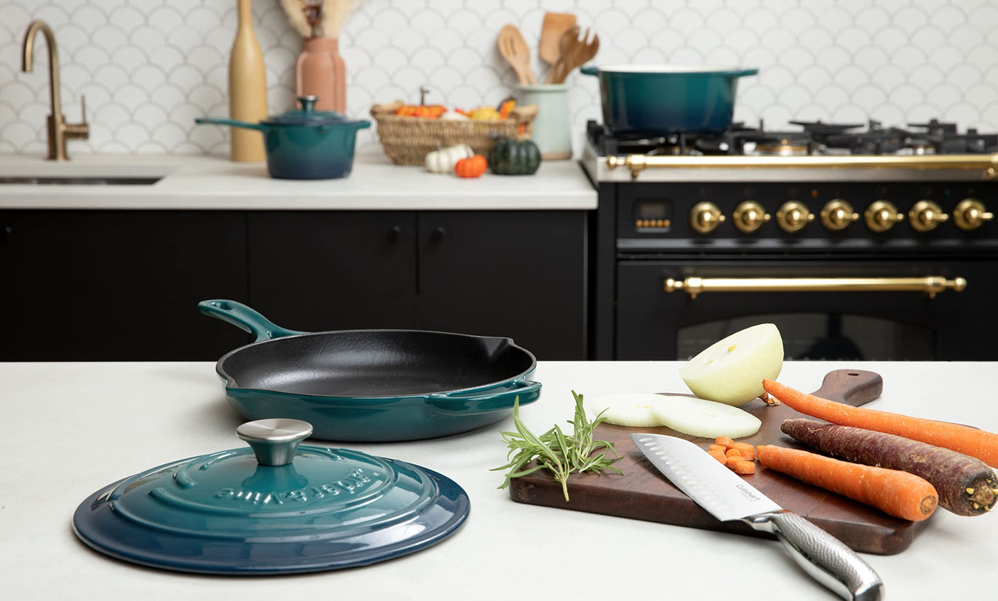 Larder & Vine 5-Piece Enameled Cast Iron Cookware Set - Includes 5.7 Quart Dutch Oven with Lid, 10.25 Inch Skillet, 2.2 Quart Saucepan with Lid (Bondi)