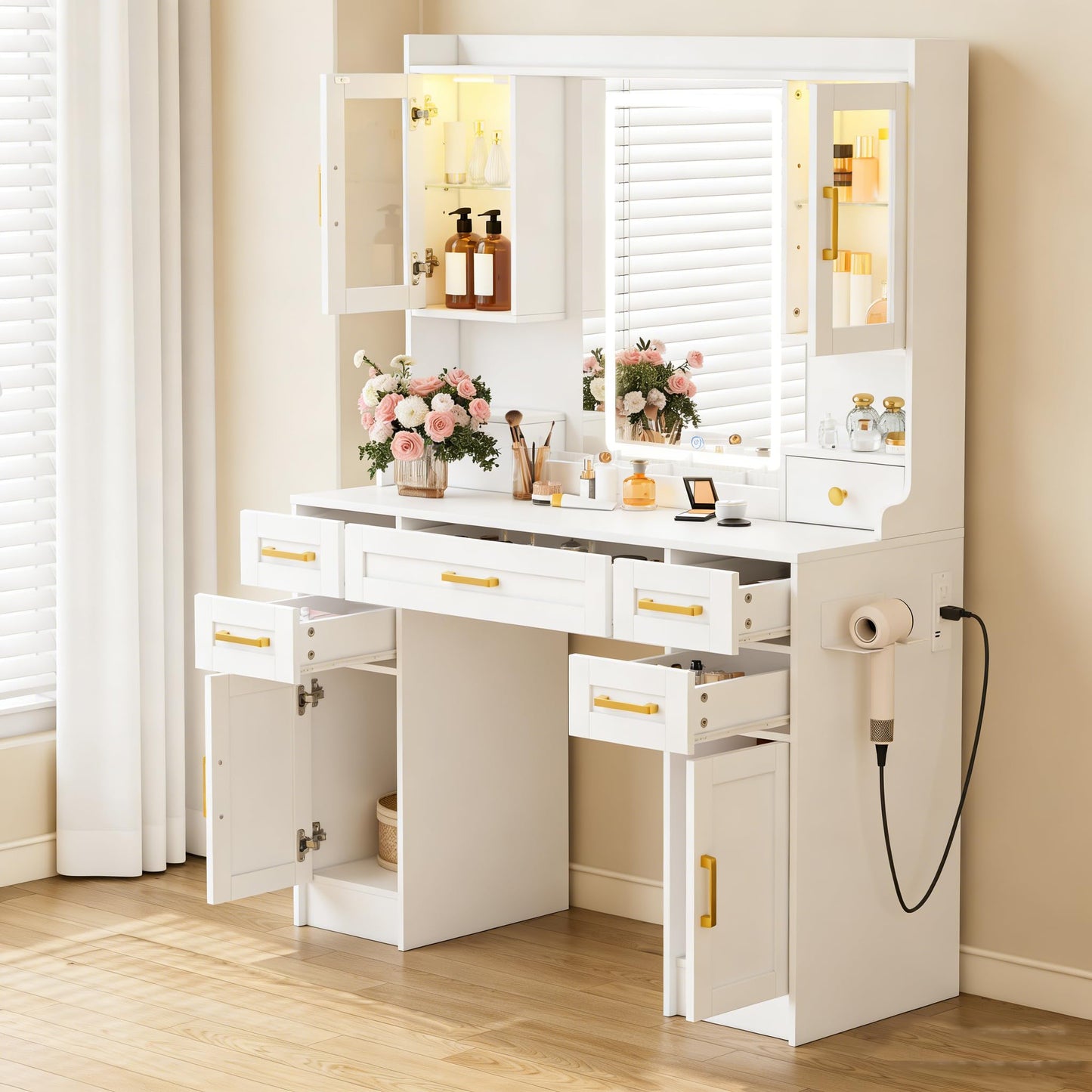 NUNU LAB Large White Vanity Desk with Mirror and Lights with 5 Drawers, Women Makeup Table with Power Outlet, 3-Color Adjustable Lighting for Bedroom Brown
