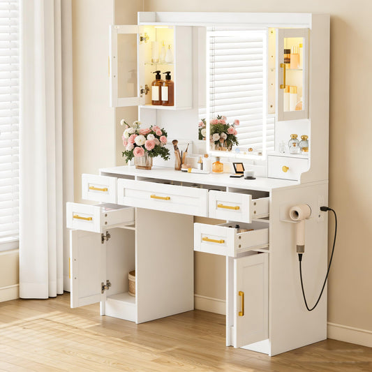 NUNU LAB Large White Vanity Desk with Mirror and Lights with 5 Drawers, Women Makeup Table with Power Outlet, 3-Color Adjustable Lighting for Bedroom Brown
