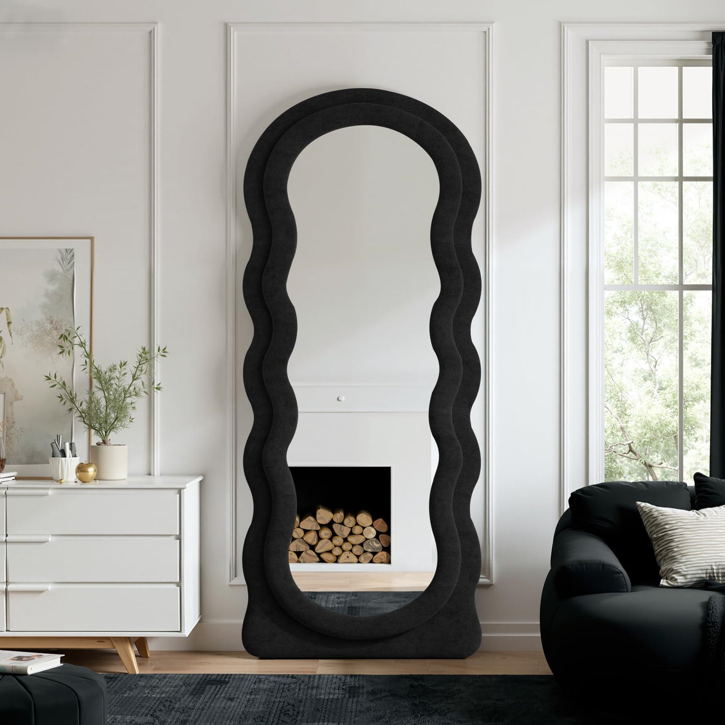Anpark Full Length Mirror 71"x30" Irregular Wavy Full Body Wall Mounted Floor Mirror with Stand Black Flannel Frame Leaning Hanging Wall for Bedroom Entrance Hallway
