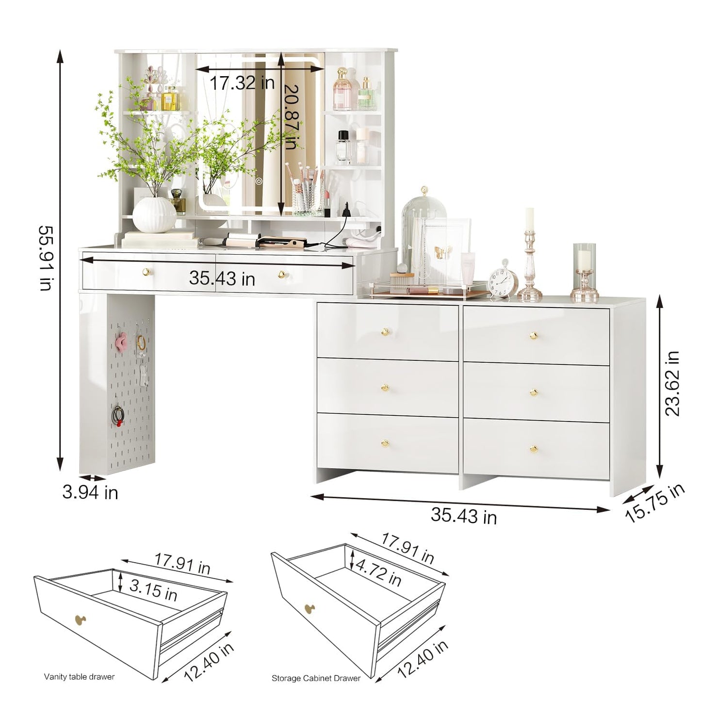 Ieejdn Makeup Vanity Desk with Mirror and Lights, Vanity Desk with 8 Drawers & Storage Shelves, Vanity Table with Power Outlet, 3 Color Modes & Adjustable Brightness Dressing Table, Bedroom,White