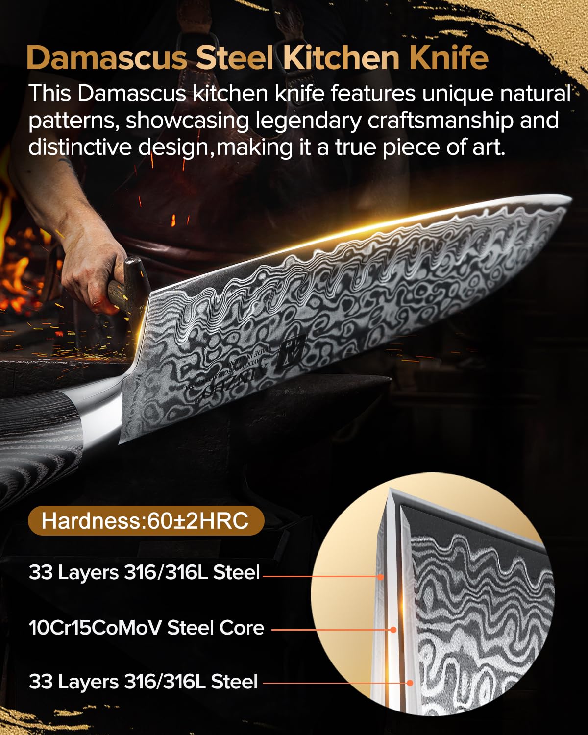 XINZUO Kitchen Knife Block Set,7-Piece Damascus Cooking Knife Set with Kitchen Shears for Professional Chefs and Home Cooking,Pakkawood Handle, Gift Box