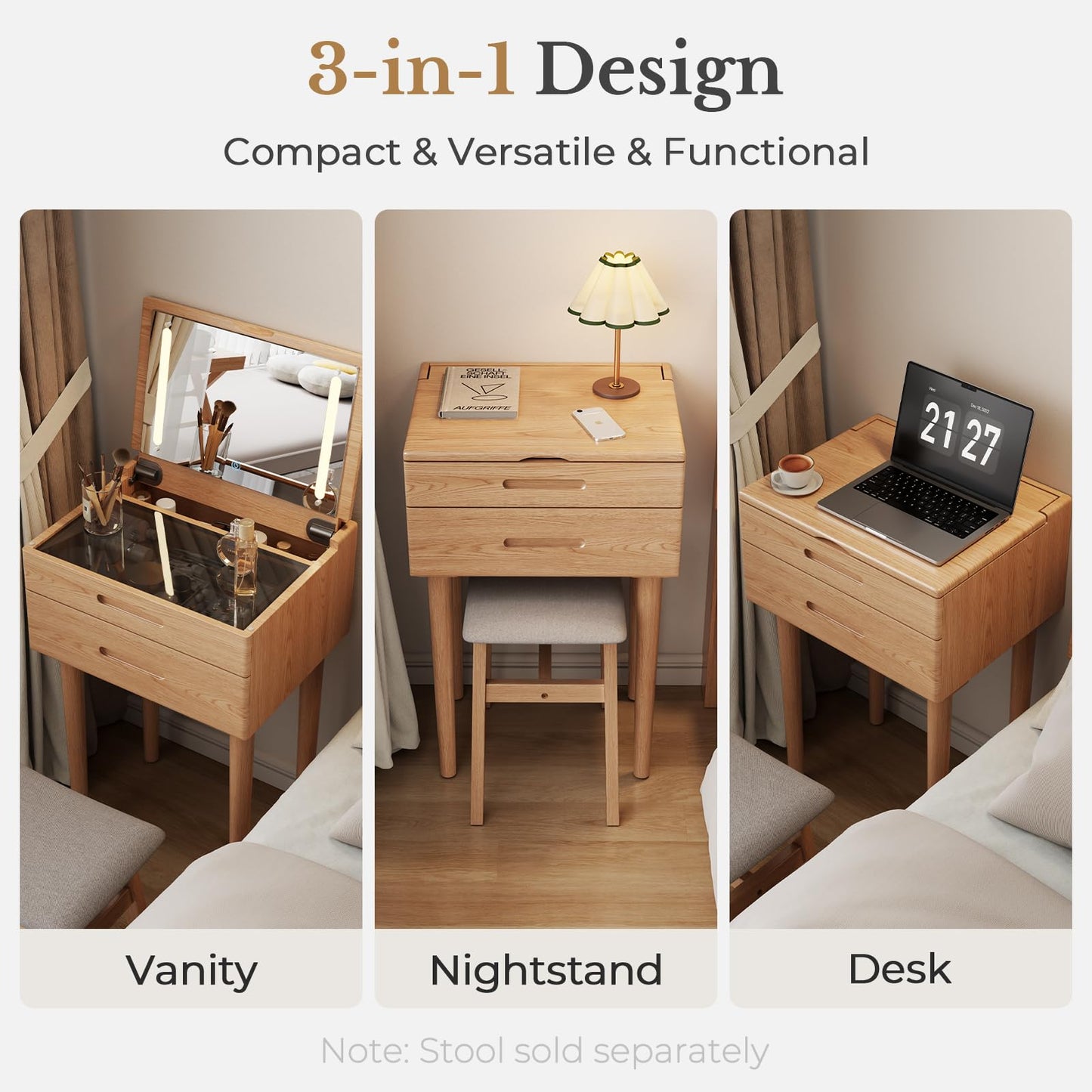 Muwuele Solid Wood Small Vanity Desk with Mirror and Lights, Narrow Makeup Vanity for Small Space, Flip Top Vanity Side Table, 3 Color Modes & Adjustable Brightness, 19.6" Slim Dressing Table, Natural