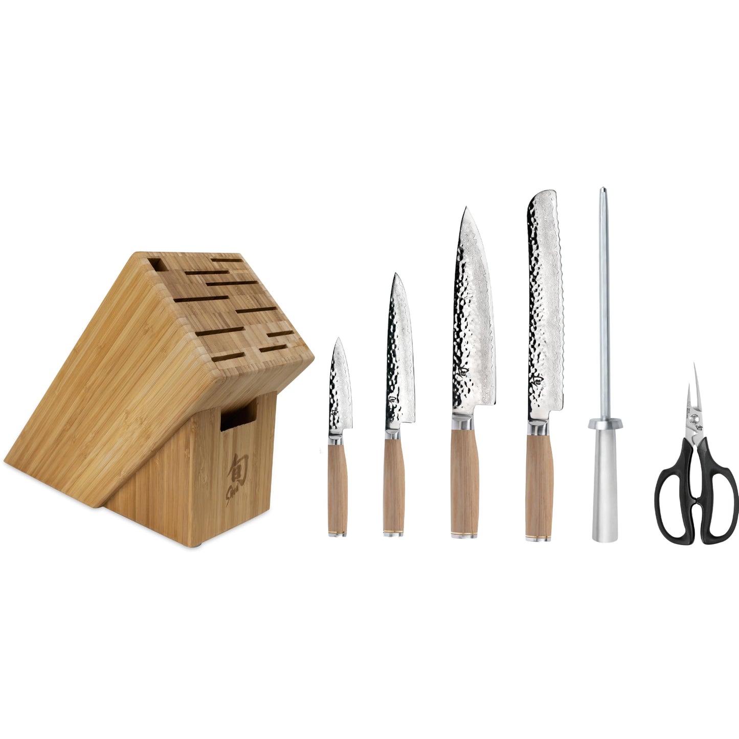 Shun Premier Blonde 7 Piece Essential Block Set, Includes 8" Chef, 4" Paring, 6.5" Utility, 9" Bread Knives & Herb Shears, Handcrafted Japanese Knife Set, Pakkawood Handles