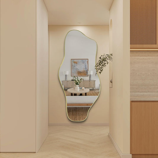DAOYIJIAJU Irregular Mirror Full Length, 67"x31" Large Asymmetrical Tempered Glass Mirror, Gold Organic Frameless Wall Mirrors for Living Room Bedroom Hallway Entryway, Horizontal or Vertical Hanging