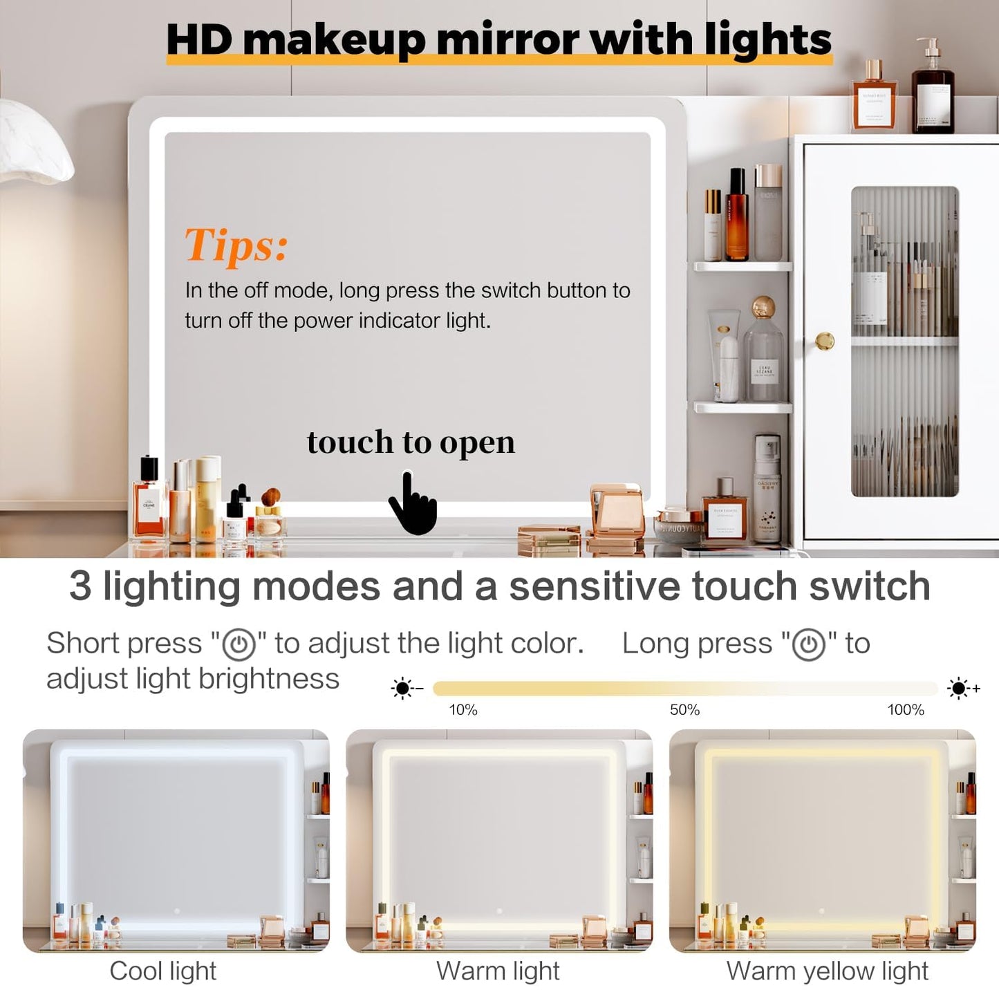Arulvmrn Vanity Desk with 29.53" HD Lighted Mirror, 47.24" Big Modern Vanity Desk with Mirror and Lights, Makeup Vanity with 5 Drawers and Storage Shelves and Charging Station, White