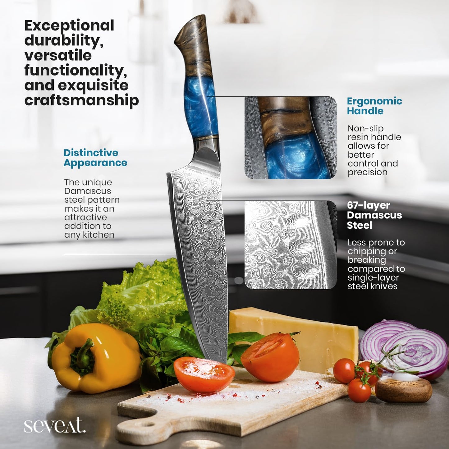 Seveat Damascus Kitchen Knife Set | 67-Layer Damascus Steel | Professional Japanese Chef Knife Set | Ergonomic Wood & Resin Handle | Gift Box Included (Blue, 5-Piece Set)