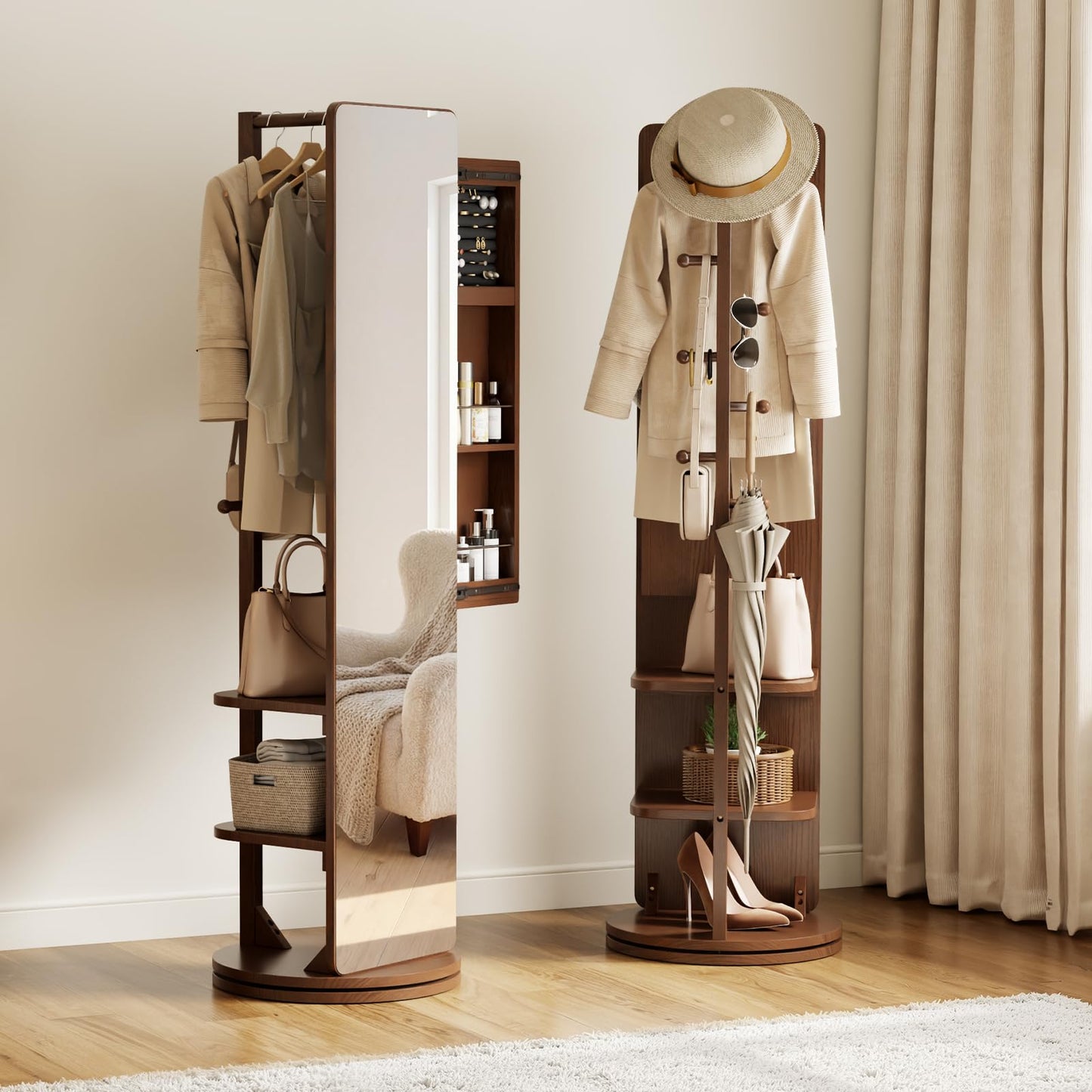 Mansfieler 69" H×20" W Solid Wood Mirror Jewelry Cabinet,360°Swivel Jewelry Organizer,Jewelry Armoire Cabinet Standing,Full Length Mirror with Storage&Coat Rack,Walnut