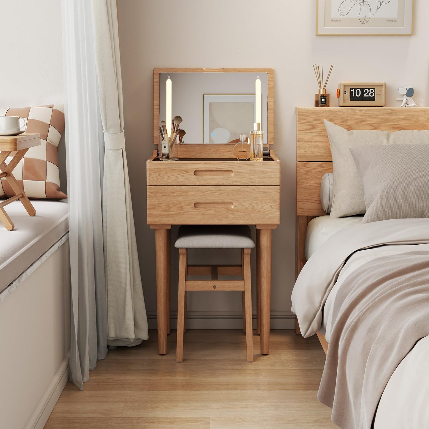 Muwuele Solid Wood Small Vanity Desk with Mirror and Lights, Narrow Makeup Vanity for Small Space, Flip Top Vanity Side Table, 3 Color Modes & Adjustable Brightness, 19.6" Slim Dressing Table, Natural