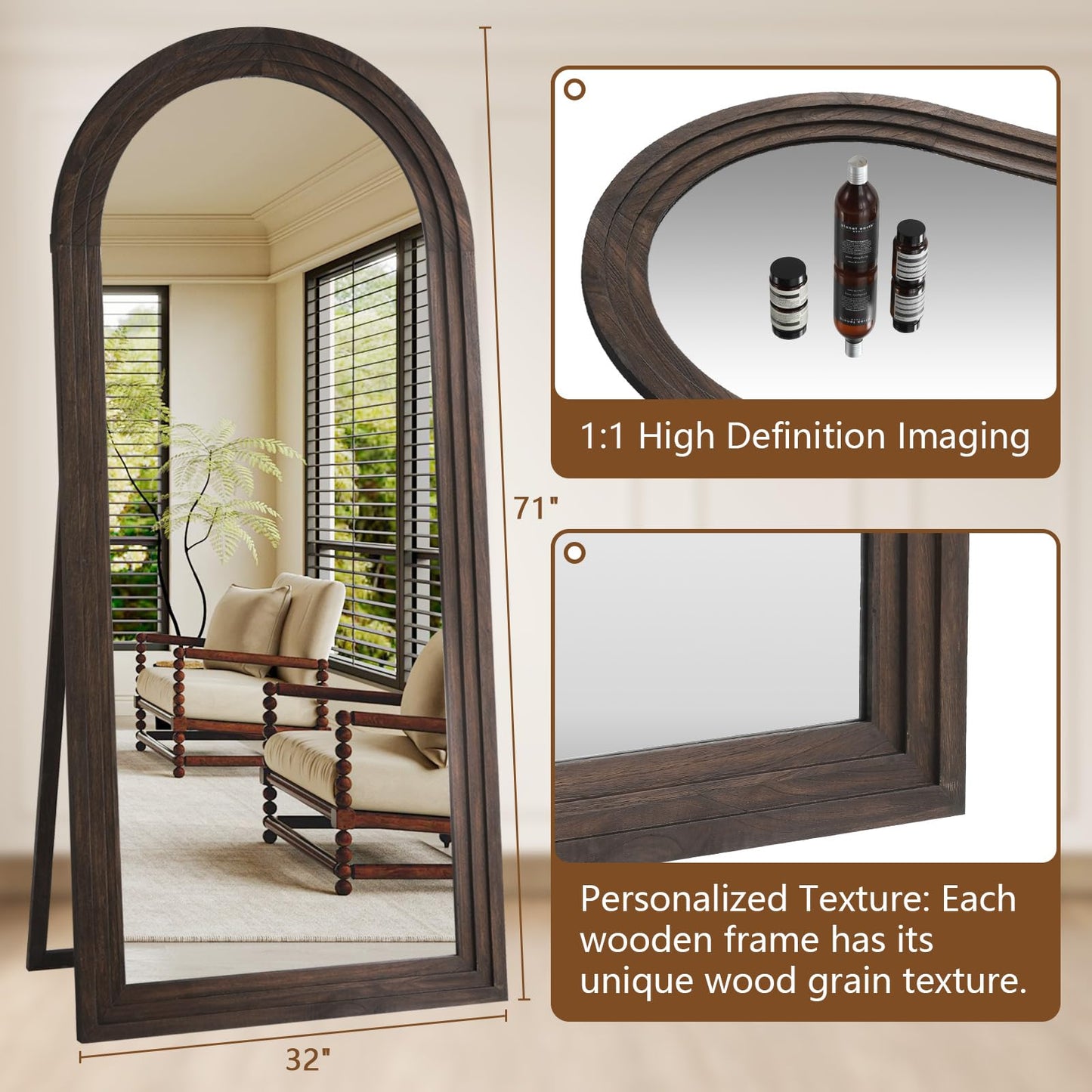 MELOMOIR Arched Full Length Mirror with Solid Wood Frame, 71"x32" Rustic Farmhouse Large Floor Mirror with Stand, Free Standing Leaning Hanging, for Bedroom Living Room Dressing Room Entryway, Brown