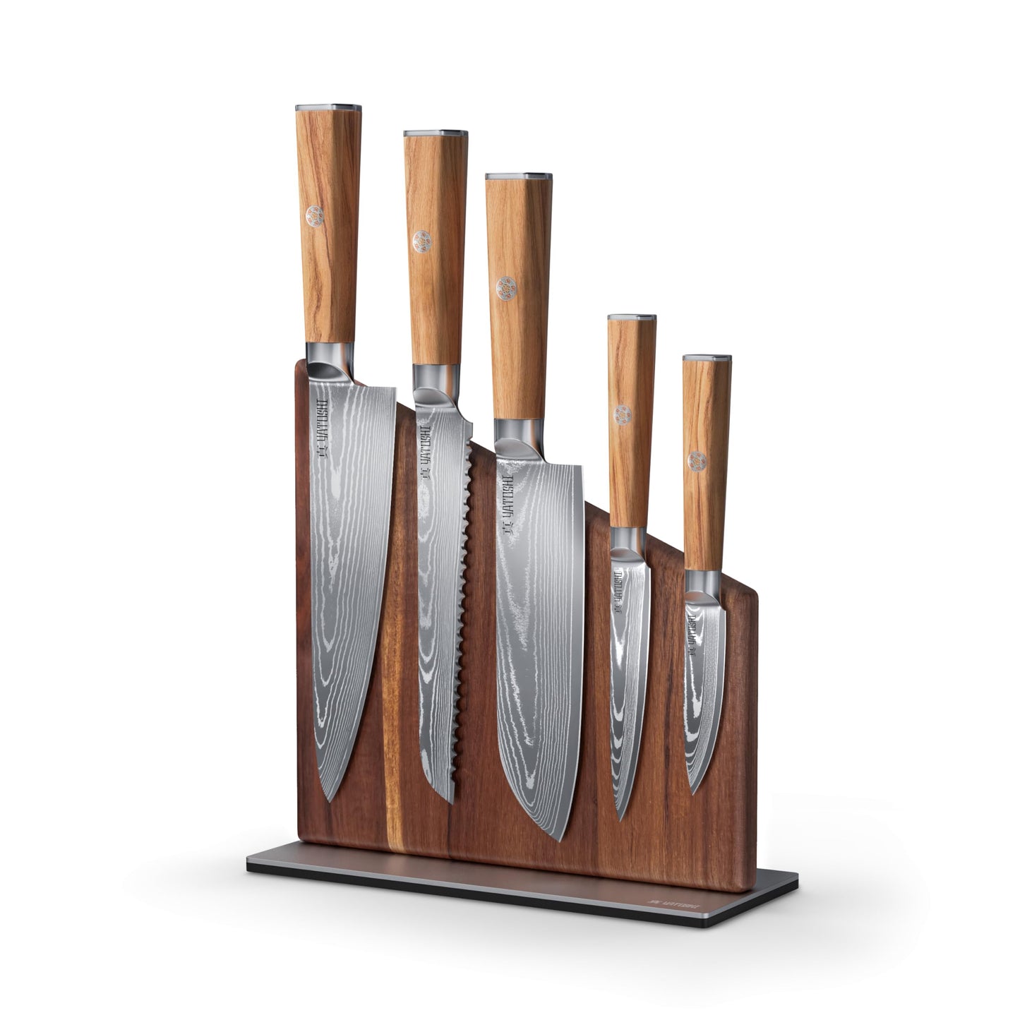 Yatoshi Knives Magnetic Kitchen Knife Block Set - Japanese 67 Layer High-Grade VG-10 Steel Knives, Sharp, Professional Kitchen Knife Set - Damascus (6 pieces), Olive Wood Handles