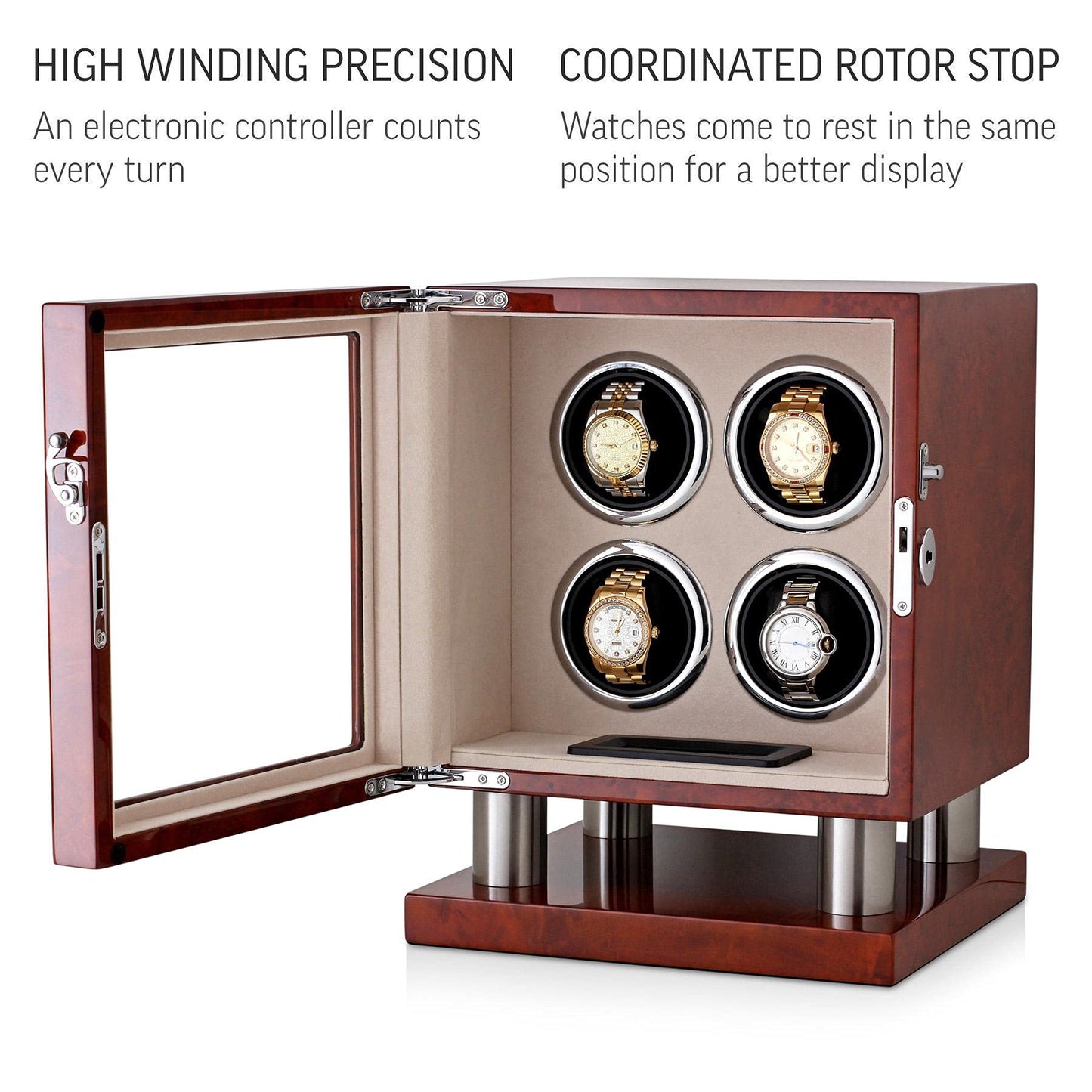 Watch Winder for 4 Watches with LED Backlight, LCD Display and Motor-Stop Option (Dark Burl)