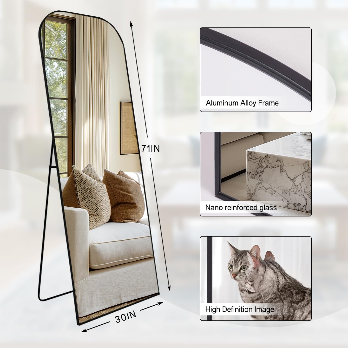 Anpark Oversized Floor Mirror - 71"x30" Arched Freestanding Full Body Mirror with Stand, Hanging or Wall Mounted for Living Room, Bedroom - Black