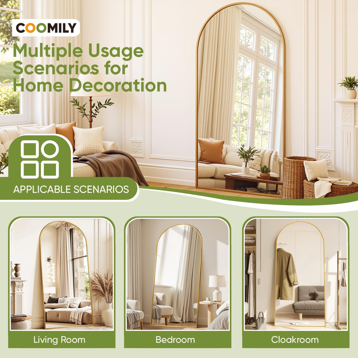 Coomily Full-Length Floor Mirror with Stand, 82"x44" Arched Style Full Body Standing Mirror for Bedroom, Living Room, Gym, Dorm - Shatter-Resistant & Easy Assembly, Gold