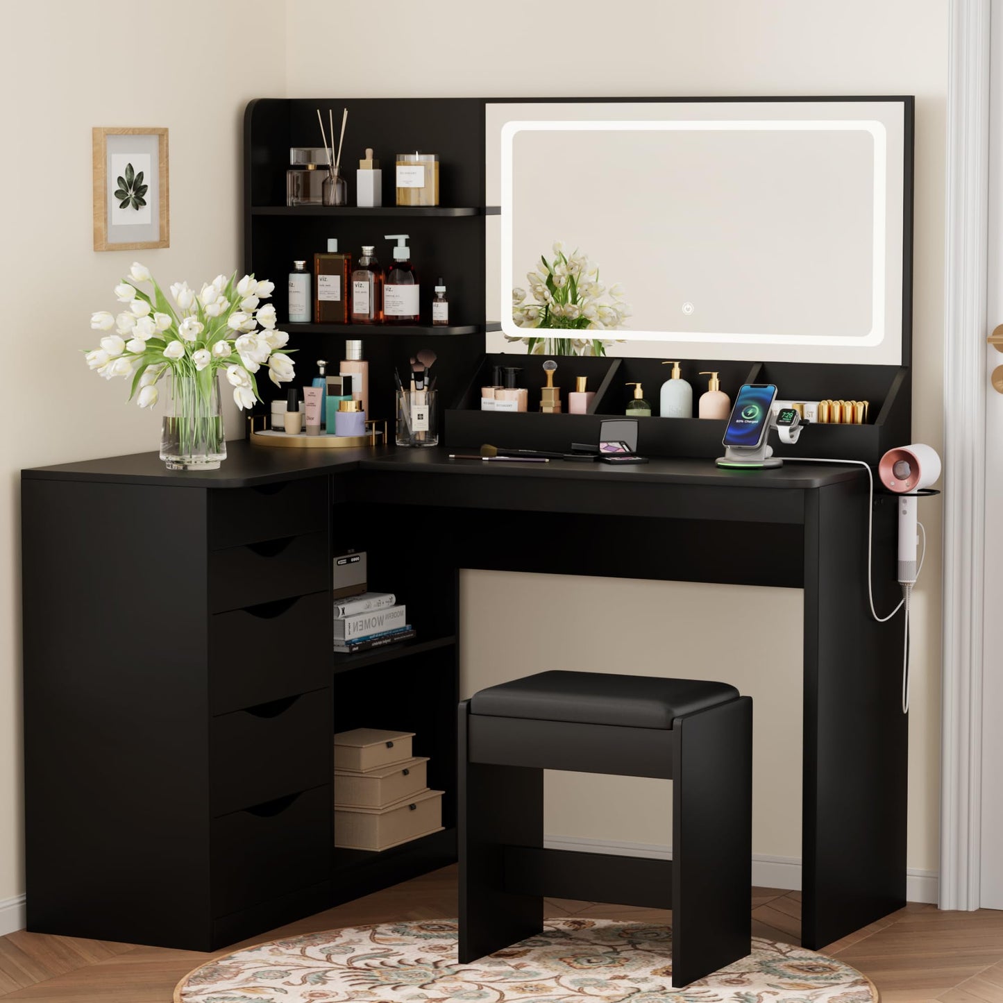 YESHOMY Vanity Desk with Lights and Mirror, L Shaped Makeup Table, Dresser with Hairdryer Holder and Power Outlet, Adjustable 3 Lighting Modes, 5 Drawers and Adjustabled Open Storage Shelves, Black