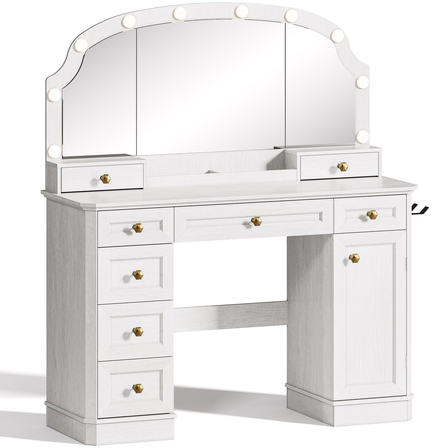 AMBERHAUS Farmhouse Makeup Vanity Desk with Mirror and Lights, 47'' Vanity Table with 8 Storage Drawers 1 Cabinet & 2 Organizer Trays, Big Dressing Table with Charging for Bedroom Classic White