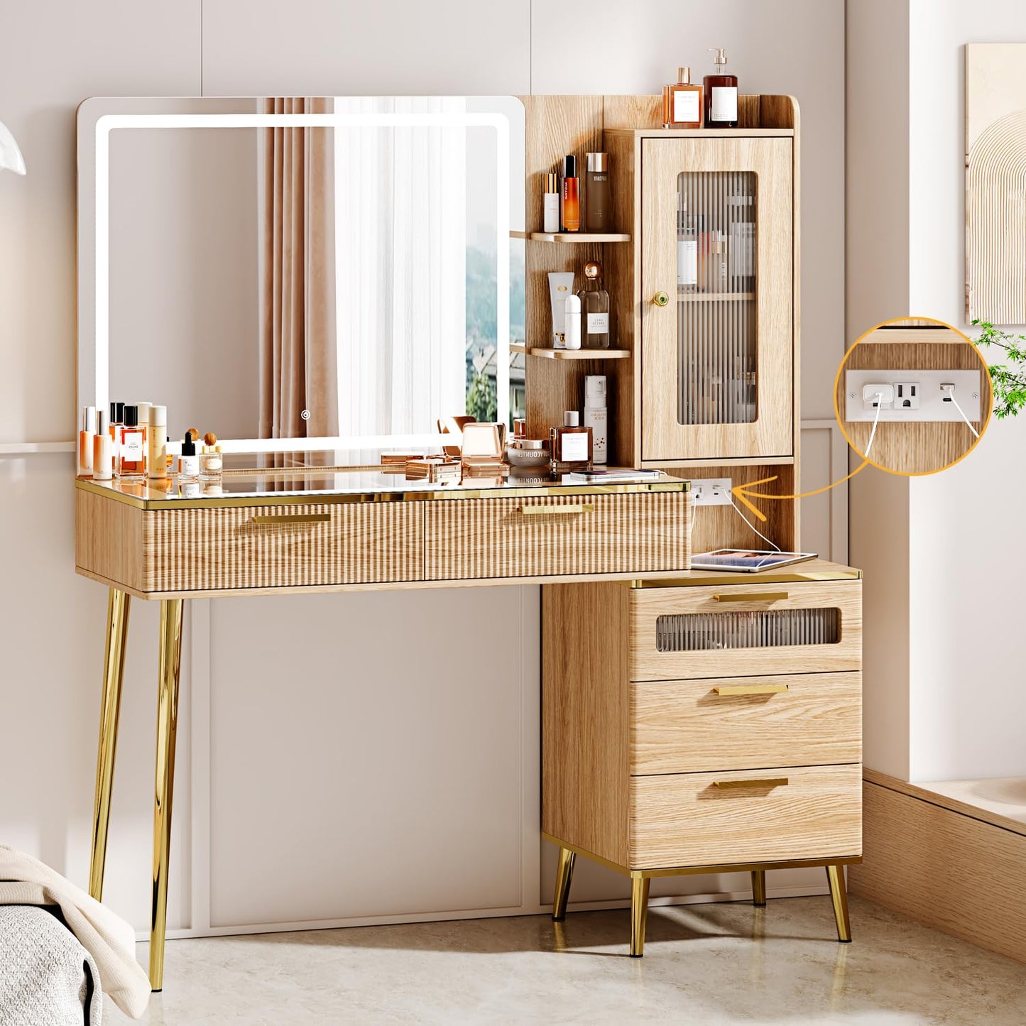 Arulvmrn Vanity Desk with Mirror and Lights, with Power Outlet and 10 Lights Modern Capacity Makeup Vanity with 3 Drawers, Makeup Table for Bedroom,Makeup Room,White