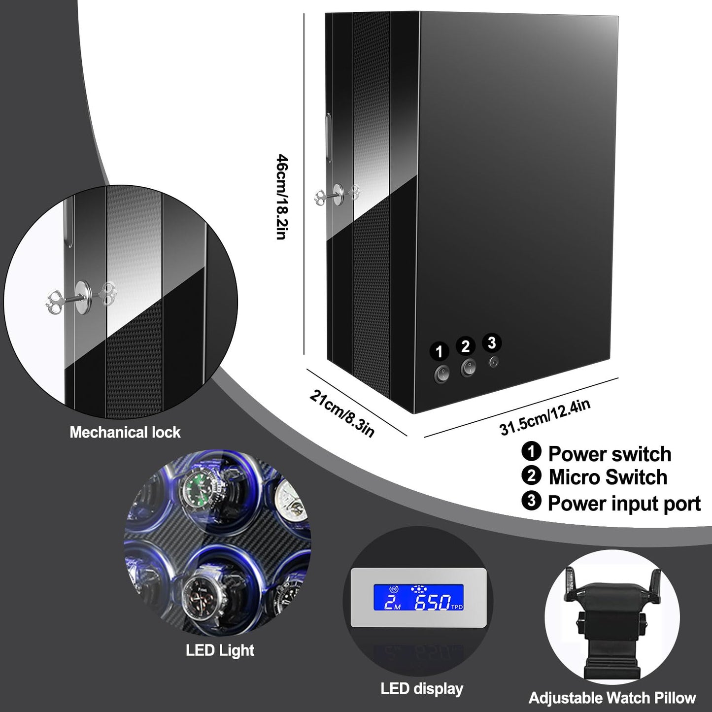 LELTNSOU Watch Winder for 12 Winding Spaces Automatic Watches, Ultra-Quiet Japanese Motors, Built-in LED Illumination and LCD Touchscreen Control