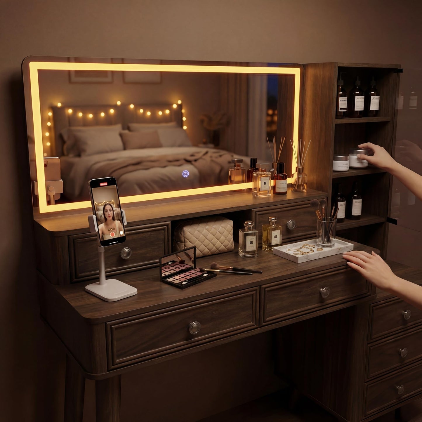 YESHOMY Makeup Vanity Desk with Large Mirror and LED Lights, with 7 Drawers & Charging Station, Dressing Table Set Modern Glass Storage Cabinet with Adjustable Shelves for Bedroom, Dark Walnut