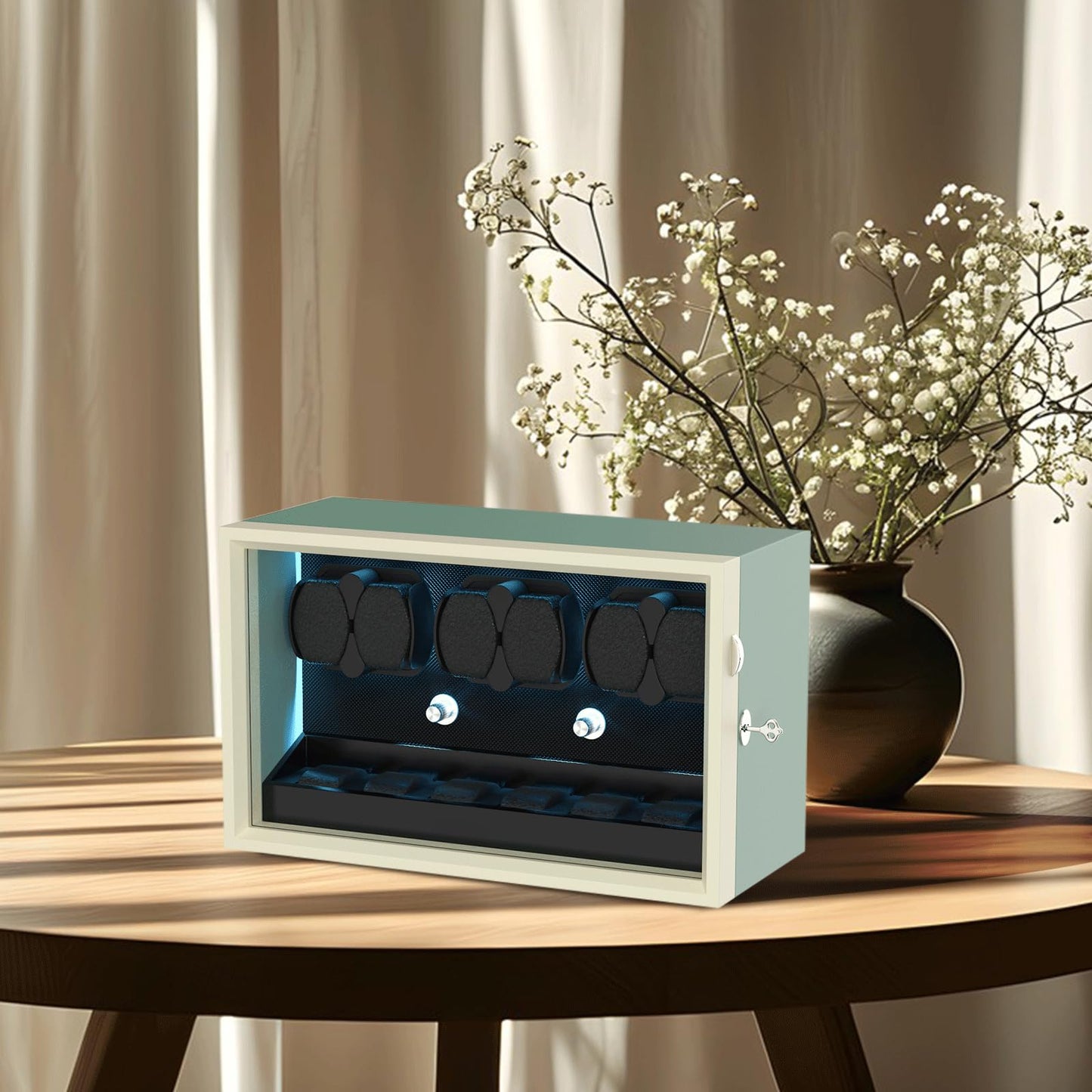 XTELARY Watch Winder for 6 Automatic Watches, Green Lockable Automatic Winders with Extra 6 Watch Storages, 4 Rotation Modes, Flexible Watch Pillows, Quiet Mabuchi Motor, and Blue Backlight