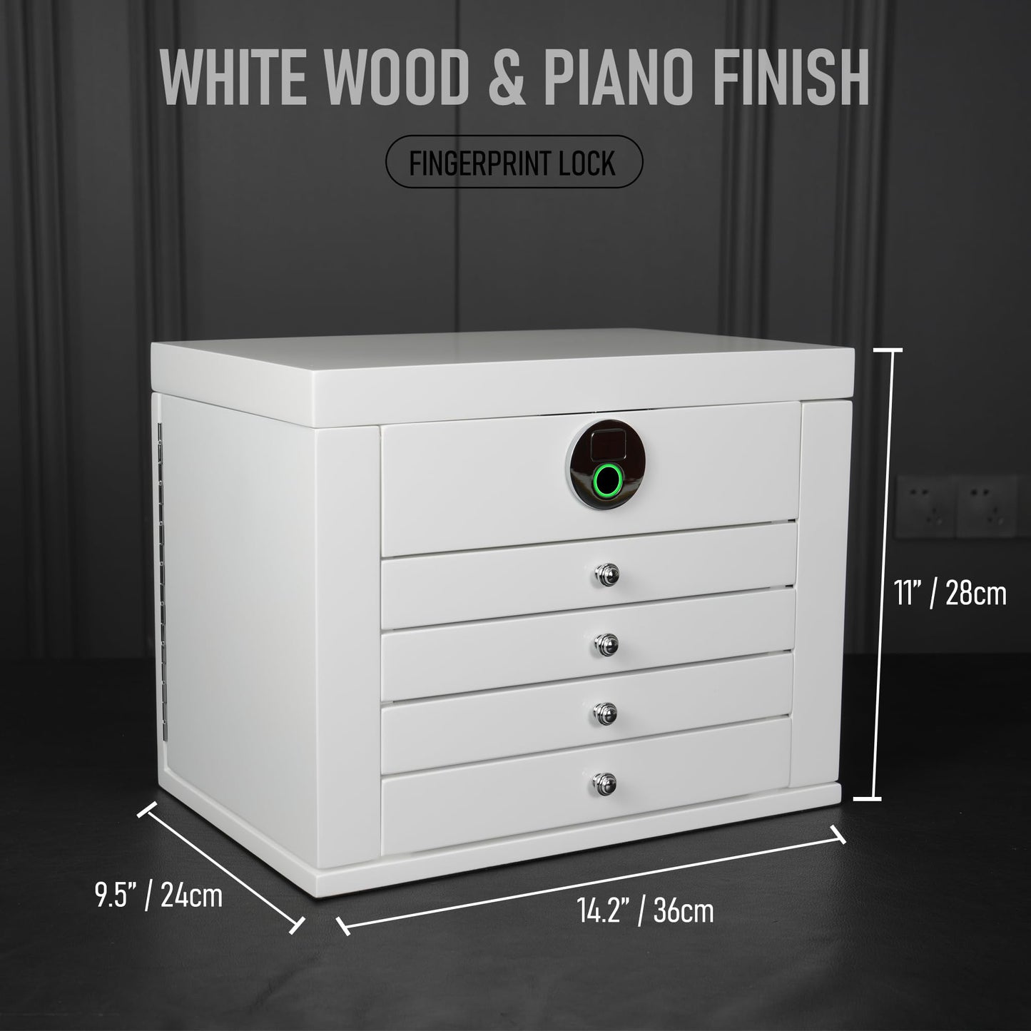 SYENS White Wood Jewelry Box, Large Size, Fingerprint Unlock, Seven Level Jewelry Organizer with Necklace Hanger and Mirror, High Gloss Lacquer Finish (5L-WT)