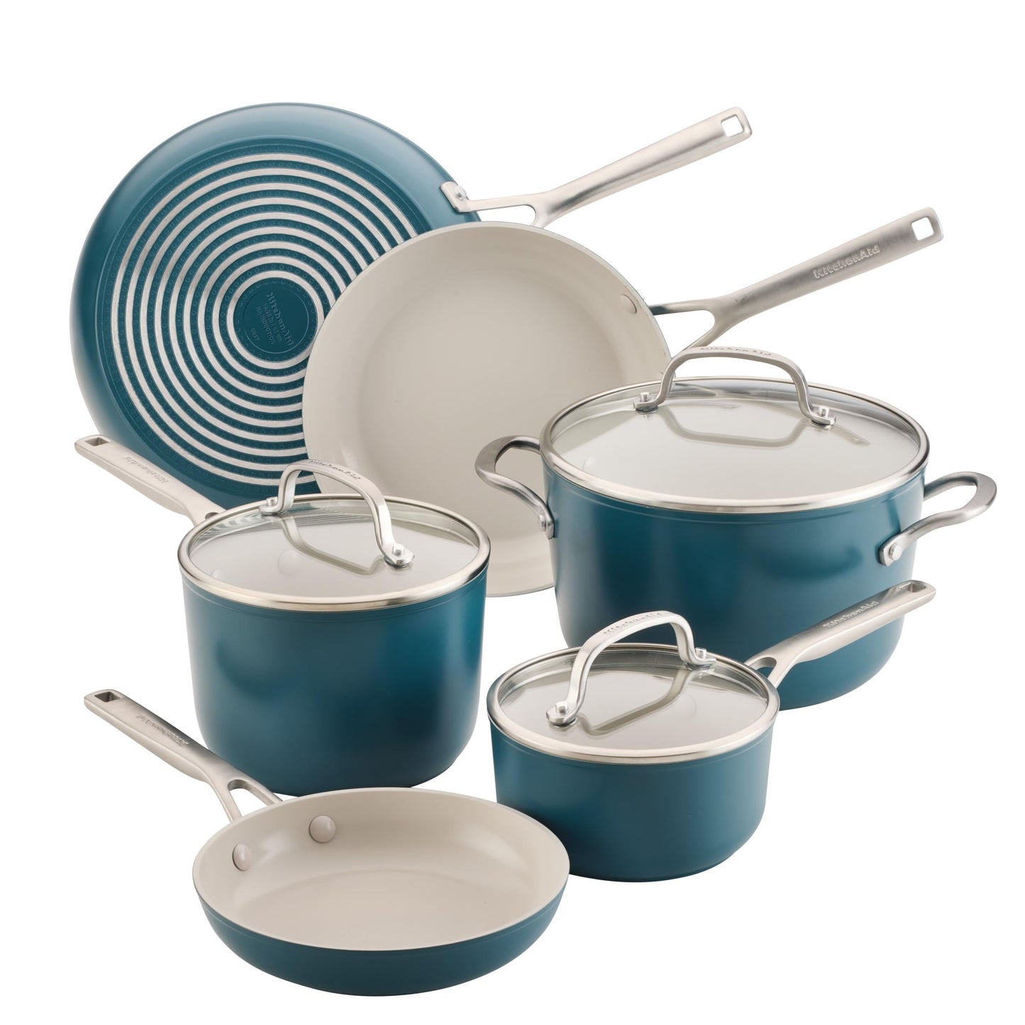 KitchenAid Hard Anodized Ceramic Induction Nonstick Pots and Pans Set with Saucepans, Frying Pans, Stockpot, and Lids, Dishwasher Safe, 9 Piece Cookware Set with Stainless Steel Handles - Agave Blue