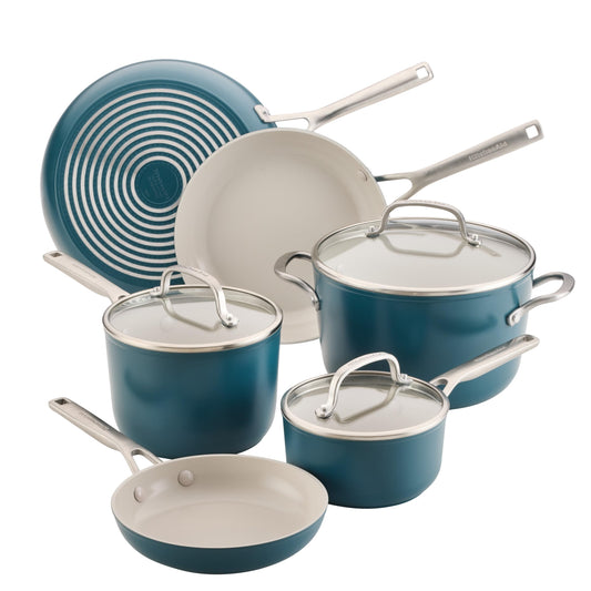KitchenAid Hard Anodized Ceramic Induction Nonstick Pots and Pans Set with Saucepans, Frying Pans, Stockpot, and Lids, Dishwasher Safe, 9 Piece Cookware Set with Stainless Steel Handles - Agave Blue