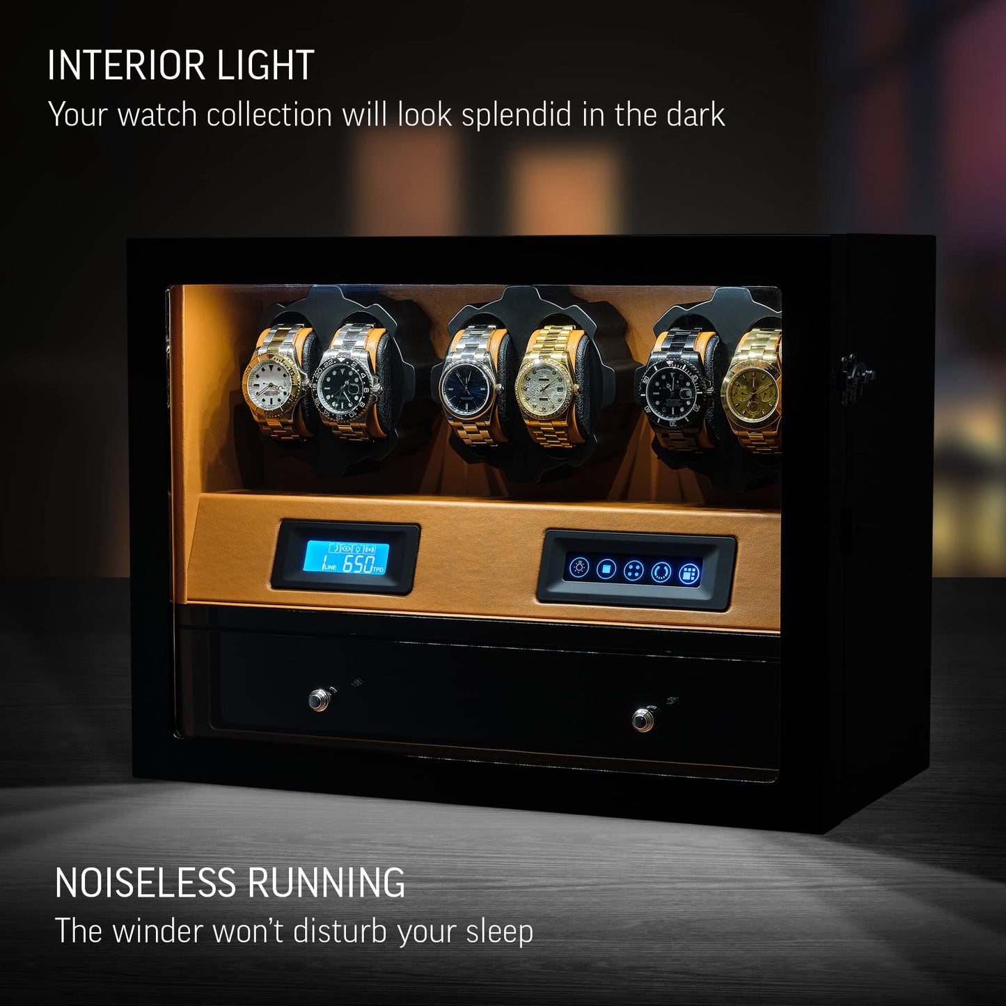 Automatic Watch Winder with 6 Storage Slots, LED Light and Automatic Motor-Stop Option