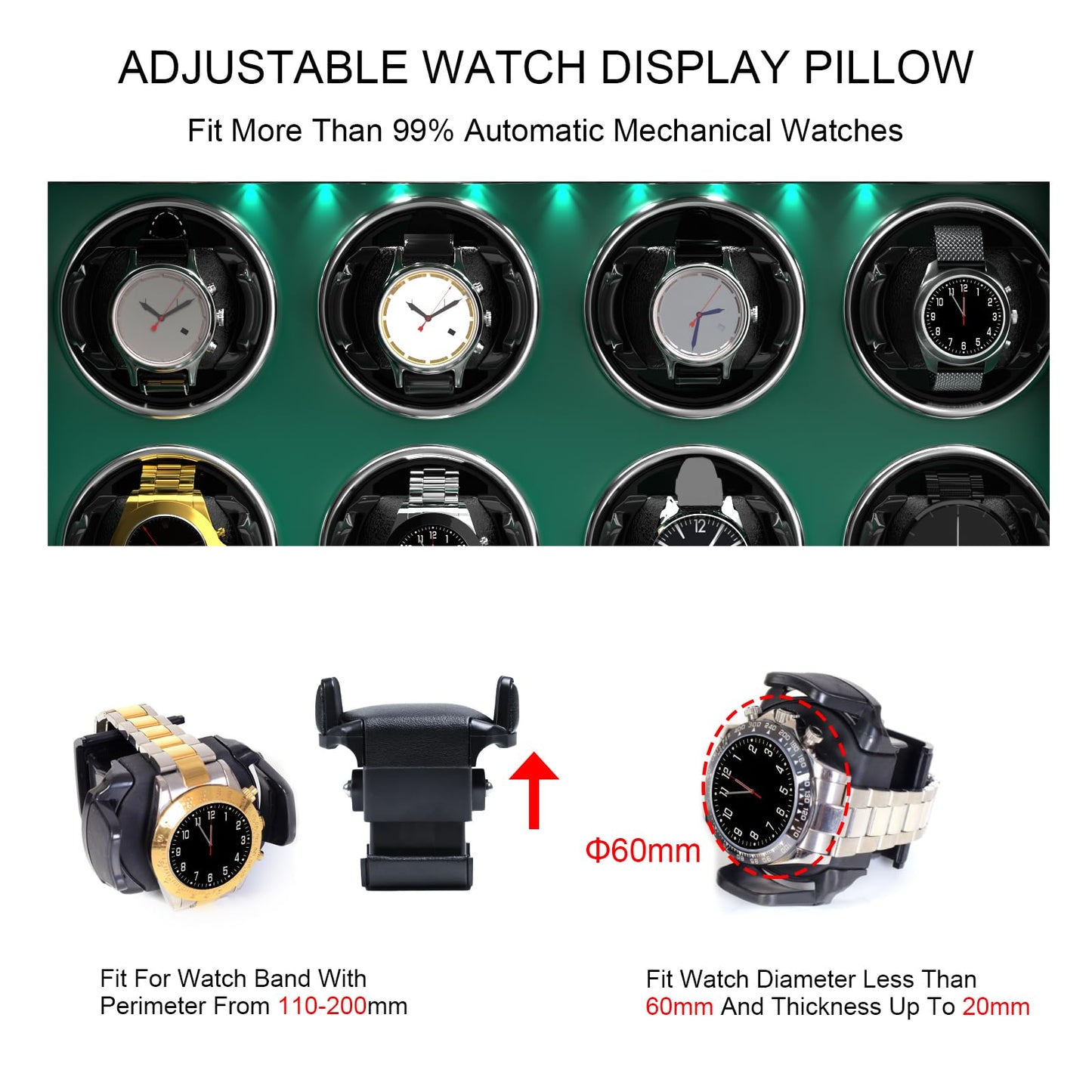 DUKWIN Watch Winder for 4 Automatic Watches,Lockable Watch Winders with Watch and Jewelry Storages, Super Quiet Mabuchi Motor with High-Gloss Piano Lacquer Finish,Built-in Illumination-Green