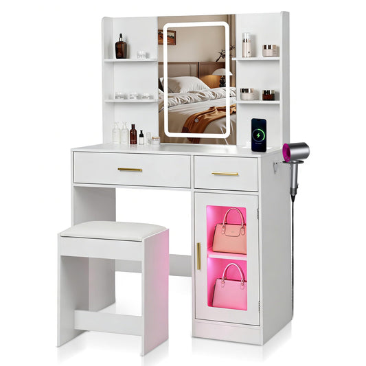 Ntufrest White LED Vanity Table with Three-Color Adjustable Light HD Mirror, USB Charging Port,Leather Stool, Double-Layer Acrylic Cabinet with Ambient Lighting,and Makeup Table with Drawer Storage