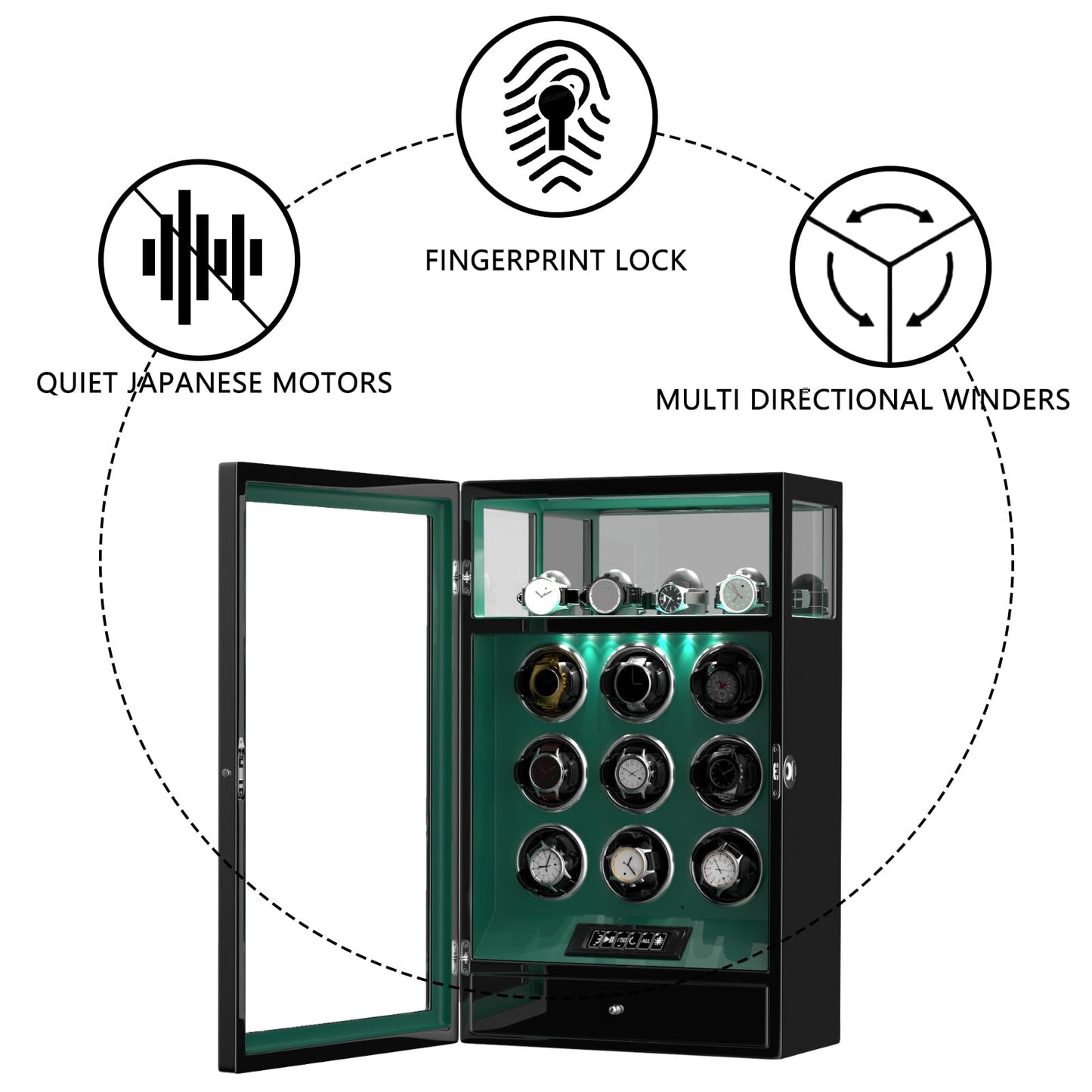 DUKWIN Watch Winder, Fingerprint Lock Automatic Watch Winder for 9 Watches with 4 Holders,300-2300 TPD,Digital Display, Remote Control,Jewelry Storage and Adjustable Watch Pillow and LED Light,Green