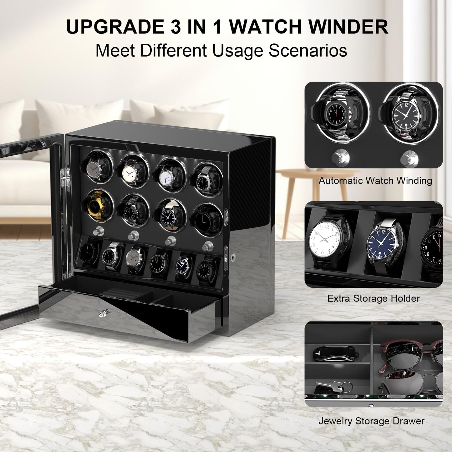 DUKWIN Watch Winder for 8 Automatic Watches, Lockable,6 Watch Storage Places and Jewelry Storage, Super Quiet Mabuchi Motor