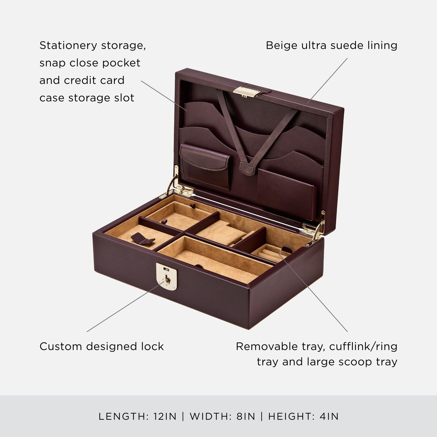 WOLF Philipp Watch and Jewelry Lifestyle Box, Chestnut - Watch Cuff, Cufflink/Ring Tray, Stationery Storage - Ultra-Suede LusterLoc Lining