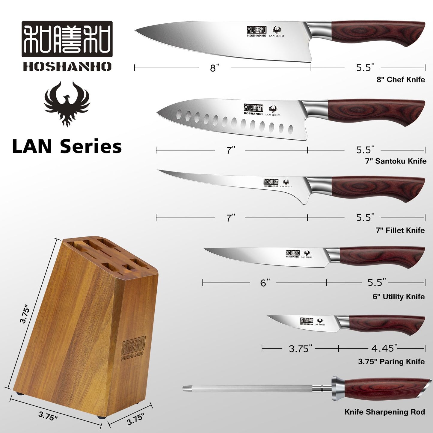 HOSHANHO 7-Piece Knife Set with Block - High-Carbon Stainless Steel Kitchen Knife, Ultra Sharp Professional Chef Knives with Sharpener