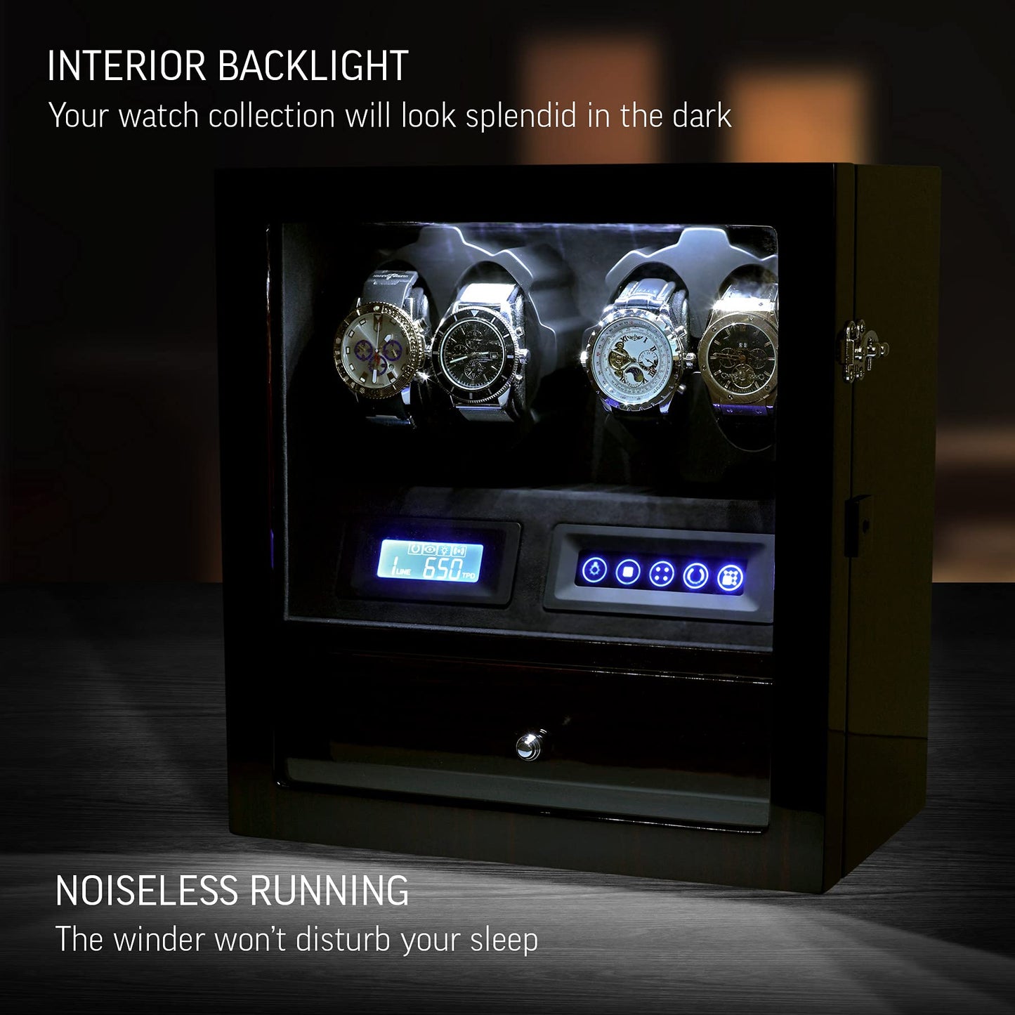 4 Watch Winder with 5 Watch Storage Space, LCD Display, Touch Control and Interior Light (Ebony + Black Velvet)