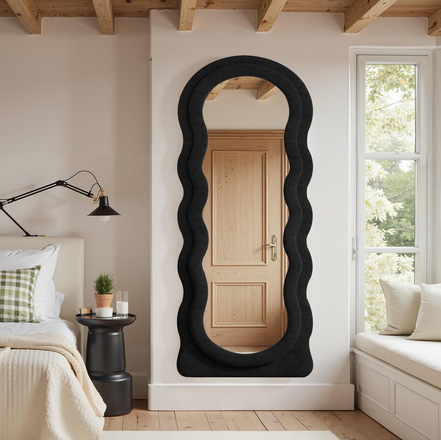 Anpark Full Length Mirror 71"x30" Irregular Wavy Full Body Wall Mounted Floor Mirror with Stand Black Flannel Frame Leaning Hanging Wall for Bedroom Entrance Hallway