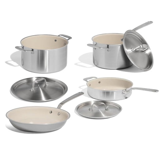 Made In Cookware | 7-Piece Ceramic Non Stick Pot and Pan Set (Stainless Handle) | 5-Ply Stainless Clad | Professional Cookware | Crafted in Italy | Induction Compatible
