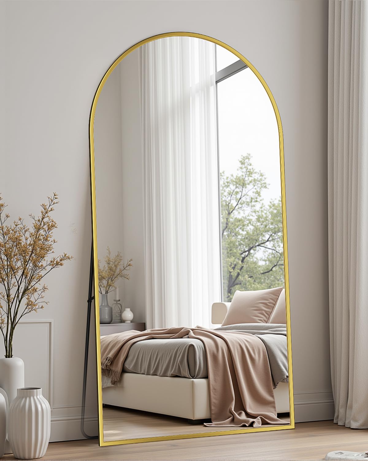 Coomily Full-Length Floor Mirror with Stand, 82"x44" Arched Style Full Body Standing Mirror for Bedroom, Living Room, Gym, Dorm - Shatter-Resistant & Easy Assembly, Gold