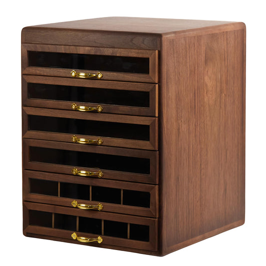 Desk Organizer Wooden Storage Box Black Walnut 6-Drawer Vintage Organizer, Jewelry Boxes Large Cabinet with 6-Drawer for Necklaces, Apothecary Cabinet,Small Dresser Chest of Drawers for Bedroom