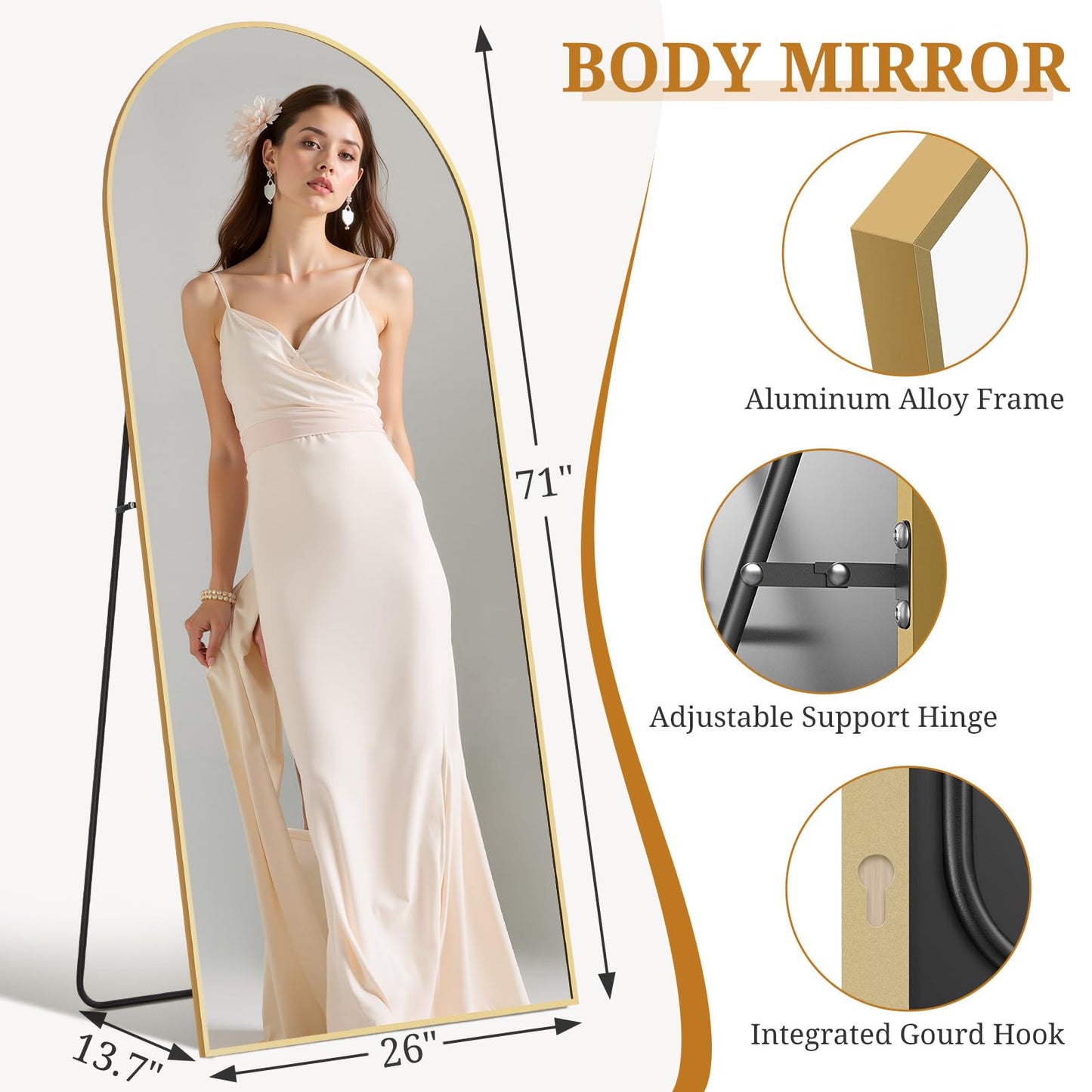 Full Length Mirror 71"x26" Full Body Mirror Arched Free Standing Wall Mounted Leaning Floor Mirrors with Stand Aluminum Alloy Frame for Bedroom Cloakroom, Gold