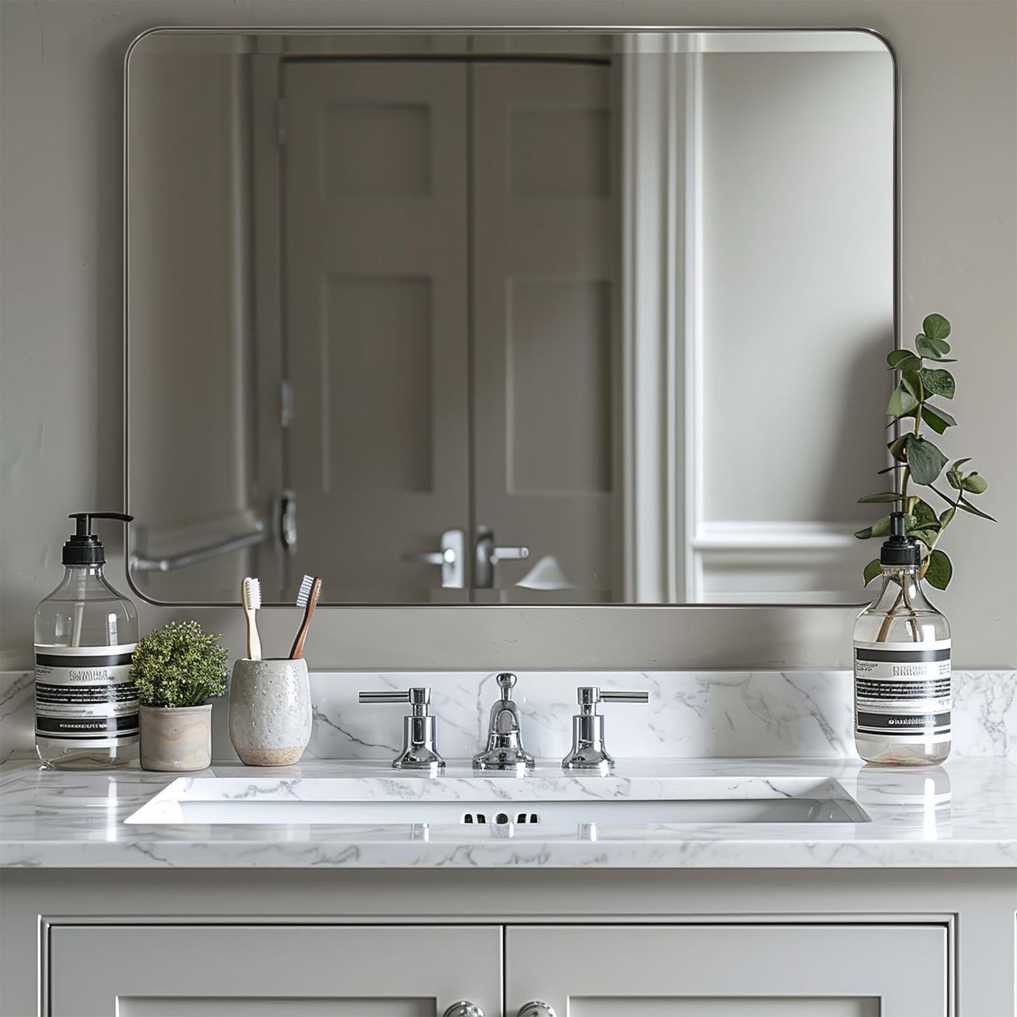 ANDY STAR 36"x48"Chrome Bathroom Mirror, Large Wall Mirror for Bathroom, Rounded Rectangle Mirror in Premium Stainless Steel Metal Frame Hangs Horizontal Or Vertical…