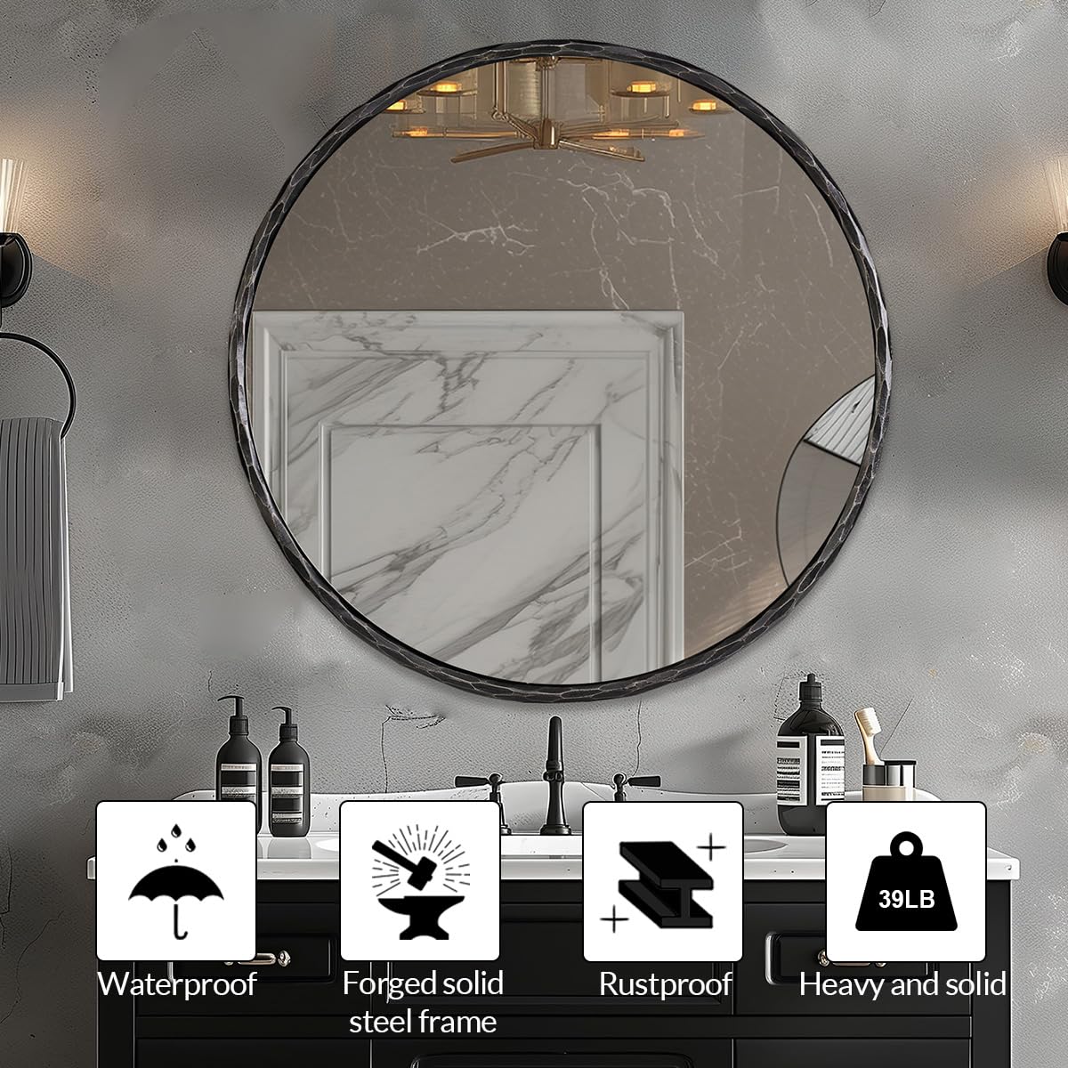 ANDY STAR Hand-Forged Round Mirror for Wall, 36 Inch Black Solid Steel Metal Frame Circle Mirror, Antique Hammered Rounded Bathroom Mirror for Living Room, Bedroom, Entryway, Vanity