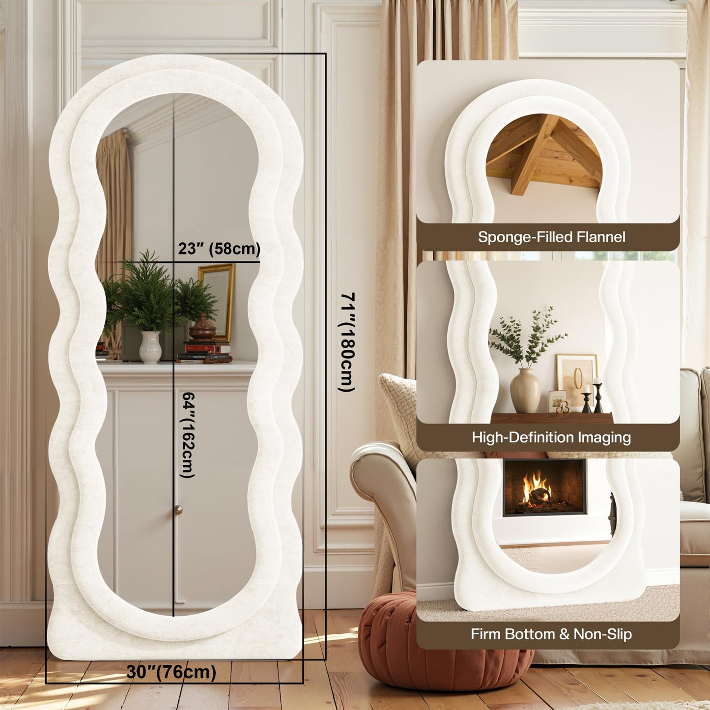 Anpark Full Length Mirror 71"x30" Arched Wavy Full Body Wall Mounted Floor Mirror Ivory Flannel Frame Leaning Hanging Wall Mirror for Bedroom Entrance