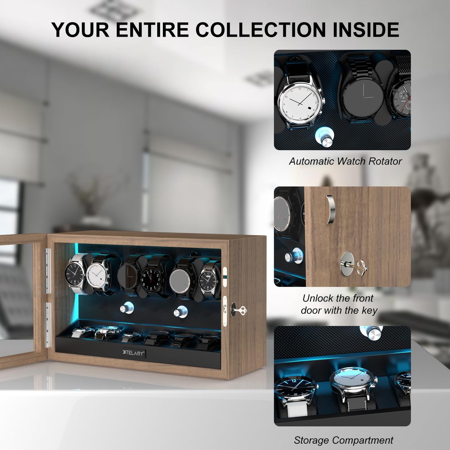 XTELARY Watch Winder for 6 Automatic Watches, Lockable Automatic Winders with Extra 6 Watch Storages, 4 Rotation Modes, Flexible Pillows, Quiet Mabuchi Motor, and Blue Backlight