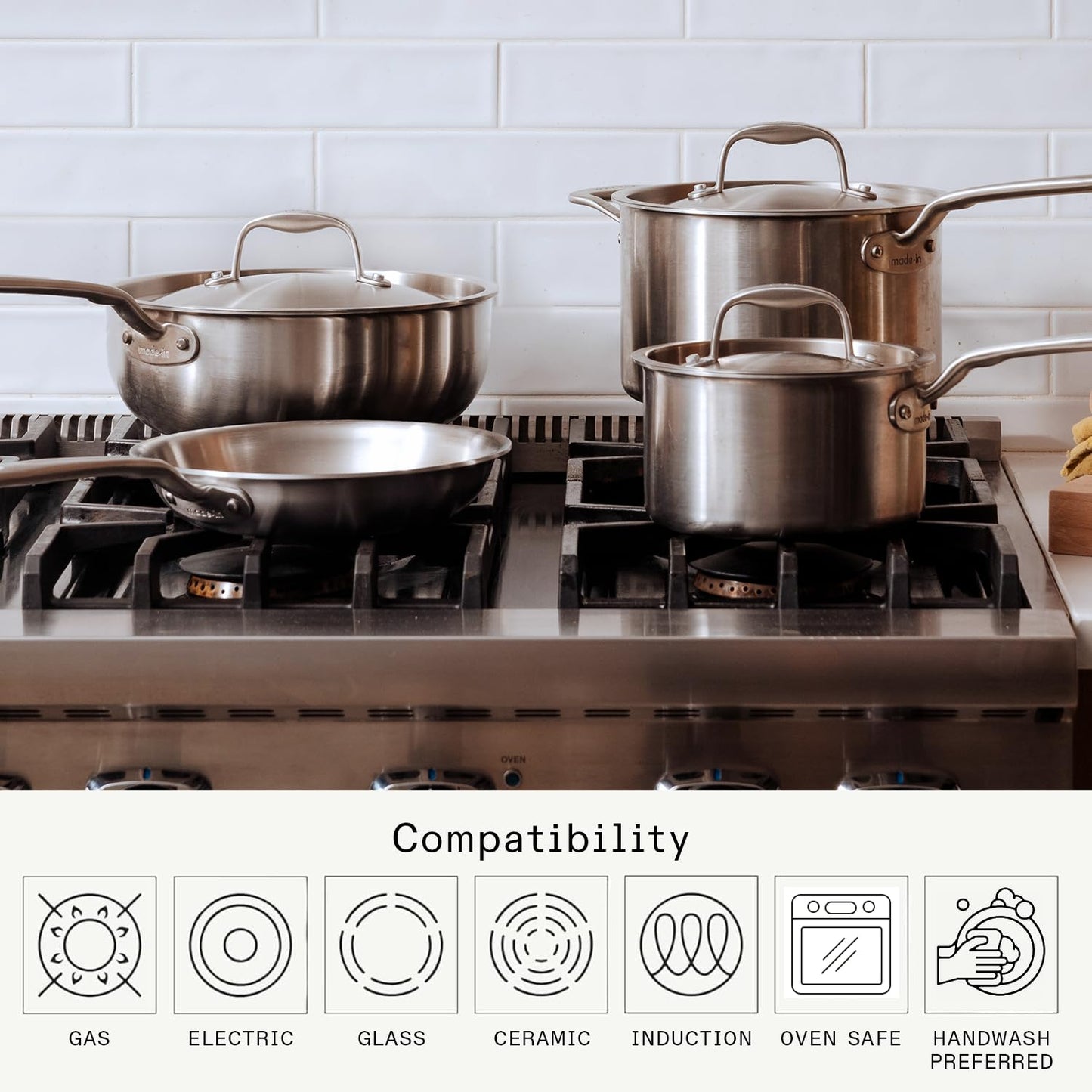 Made In Cookware | 10 Piece Stainless Steel Pot and Pan Set | 5 Ply Clad - Includes Stainless Steel Frying Pans, Saucepans, Saucier and Stock Pot W/Lid | Professional Cookware | Crafted in Italy